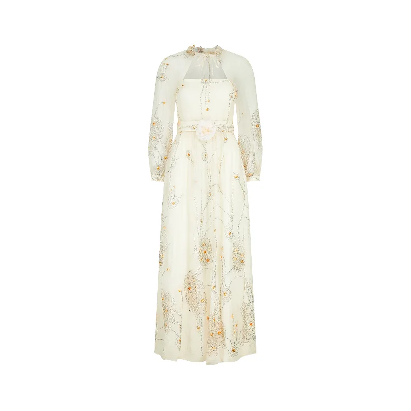 Don't Wait 1970s French Couture Cream Silver Glitter Chiffon Maxi Dress