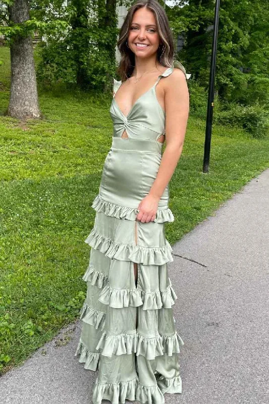 Big Discounts A-Line V-Neck Straps Ruffles Satin Sleeveless Tiered Formal Prom Dress Big Discounts A-Line V-Neck Straps Ruffles Satin Sleeveless Tiered Formal Prom Dress