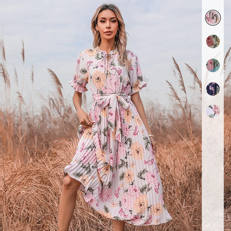Clearance Items Stamped Elegance Leaf-Edged Forest Style Maxi Dress