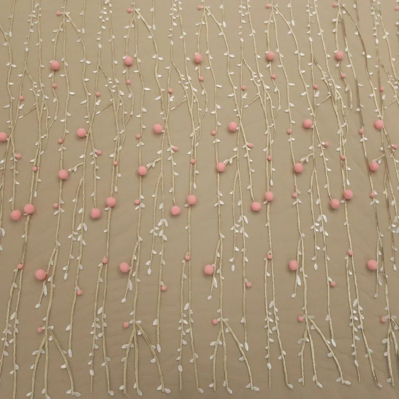 Final Markdown Blush 3D High Relief Balls and Branches Embroidered Tulle Fabric
