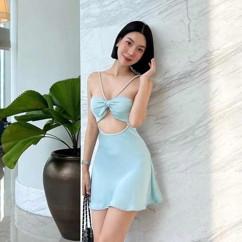 The Best Prices Sensual Hottie Short Hollow-Out Satin Spaghetti Strap Mini Dress