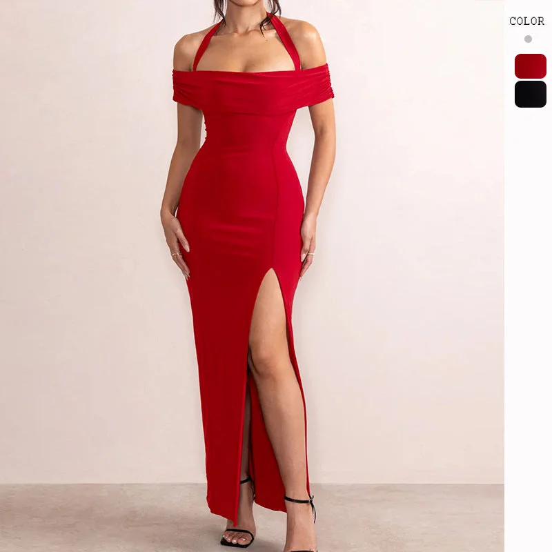 Discount Mania Sexy High Slit Halter Neck Long Dress