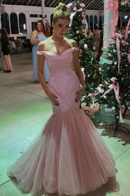 Buy Now Pink Off-Shoulder V-Neck Mermaid Pleated Tulle Formal Prom Dress
