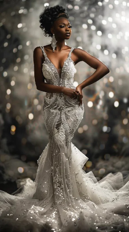 Clearance Event Yusra  Exquisite v Neck  White  Mermaid Gown  Wedding Dress