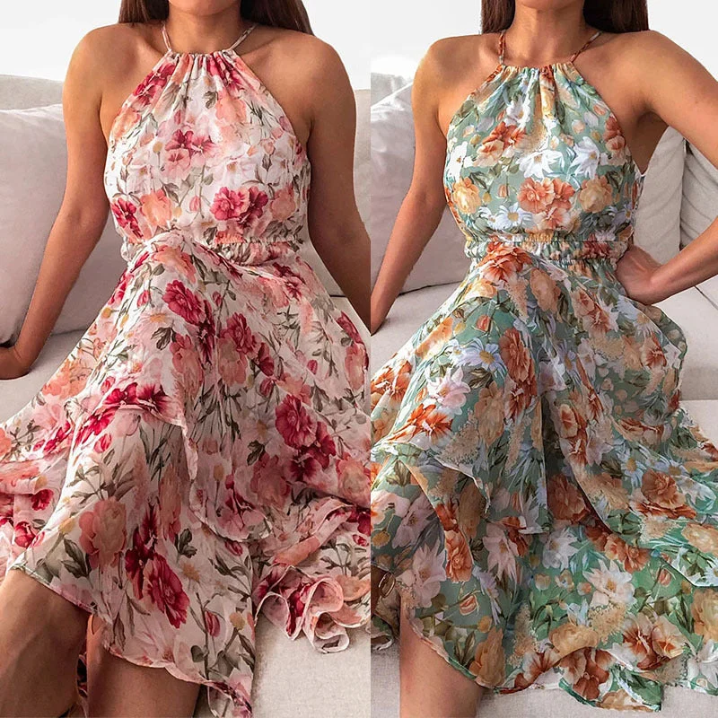 One-DAY Sale Halter Neck in Chiffon Print Summer Women's Sleeveless Maxi Dress