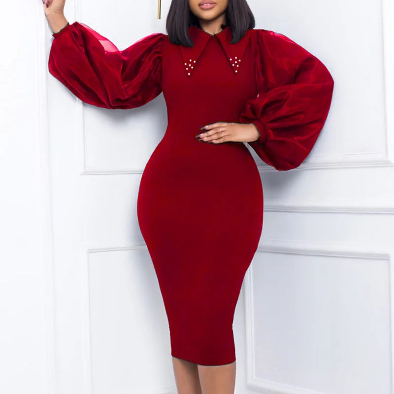 Super Bargain Beaded Mesh Patchwork Commuter Pencil Long Sleeve Dress
