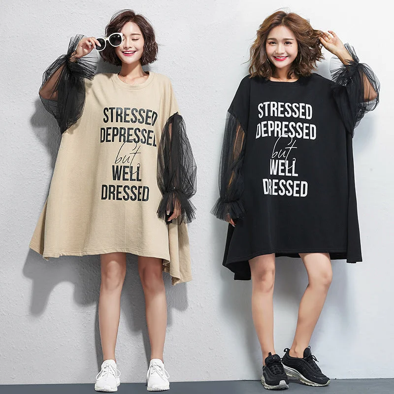 Deep Discounts Word Print Spring/Summer Roll-Up Shoulder Textile Dress
