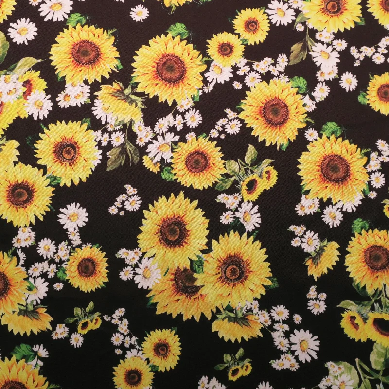 Final Markdown Sunflowers on Black Printed Polyester Mikado Fabric