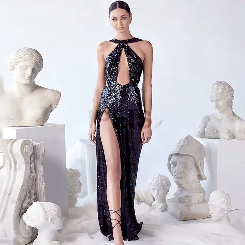 Grand Opening Sale Sexy Backless Sleeveless Black Sequin Split Dress