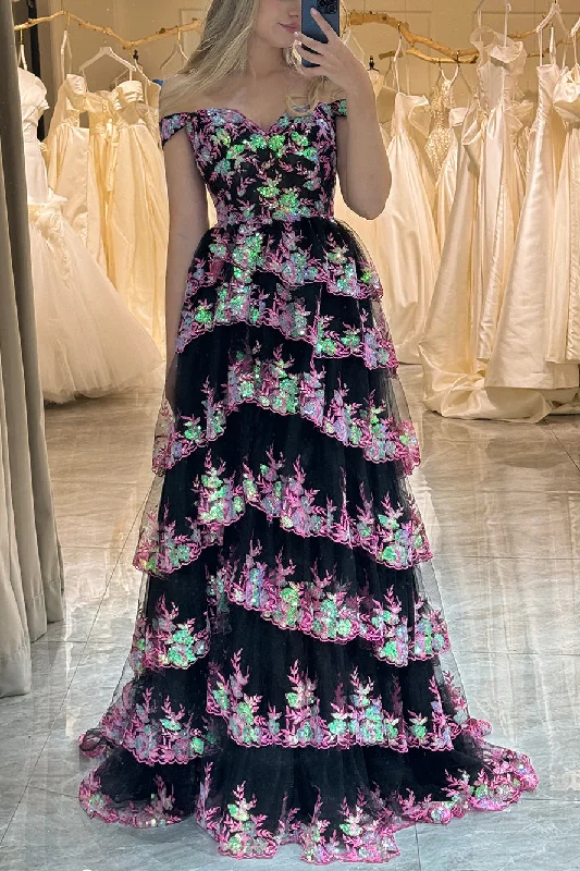 Best Seller Stunning Off-Shoulder Sequins Appliques Layered A-Line Prom Dress