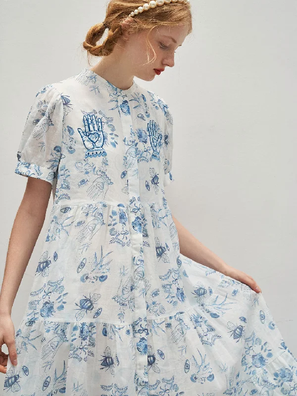 Hot Deal Unlogical Poem Printed Embroidered Ramie A-line Dress