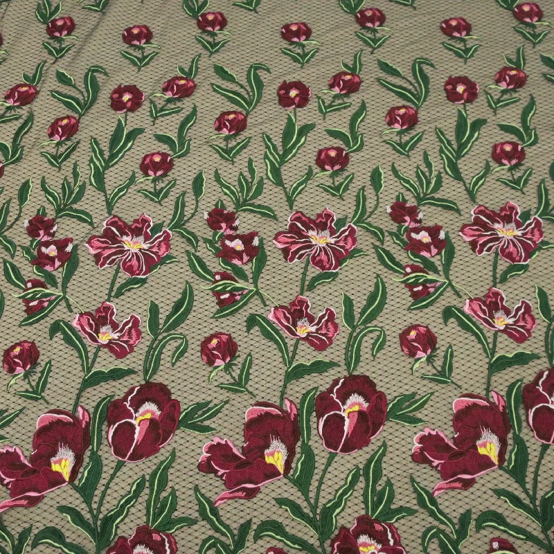 Seasonal Clearance Black Point d Sprit Tulle with Burgundy Flowers Embroidered Fabric