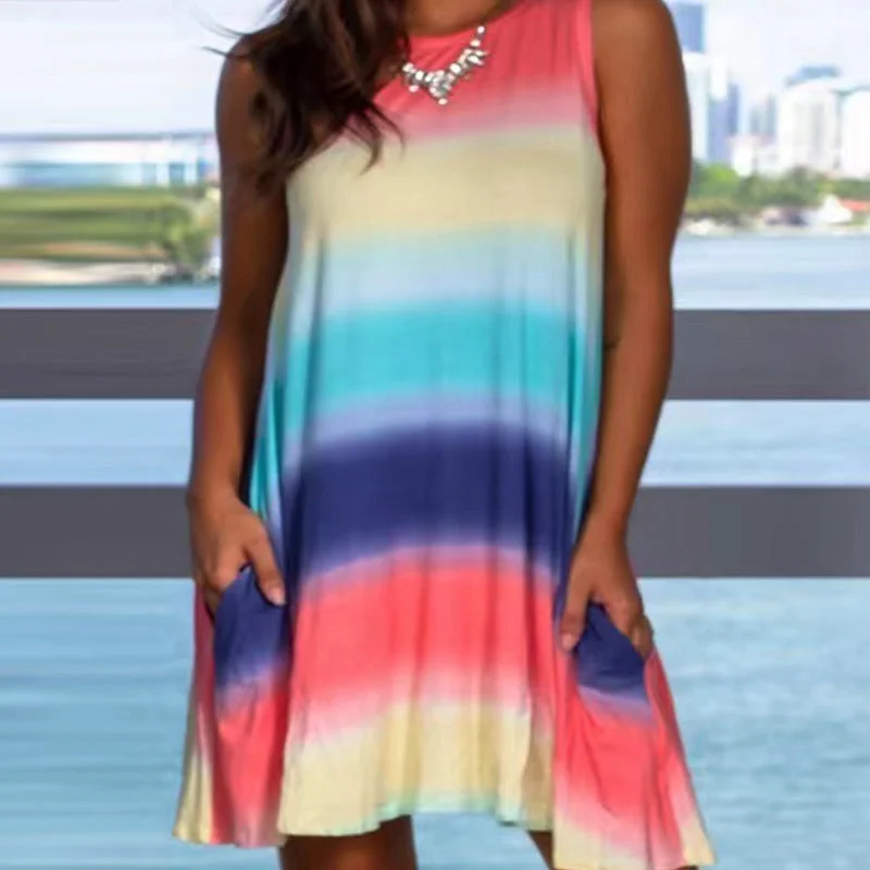 Amazing Deals Rainbow Loose Fit Round Neck Dress
