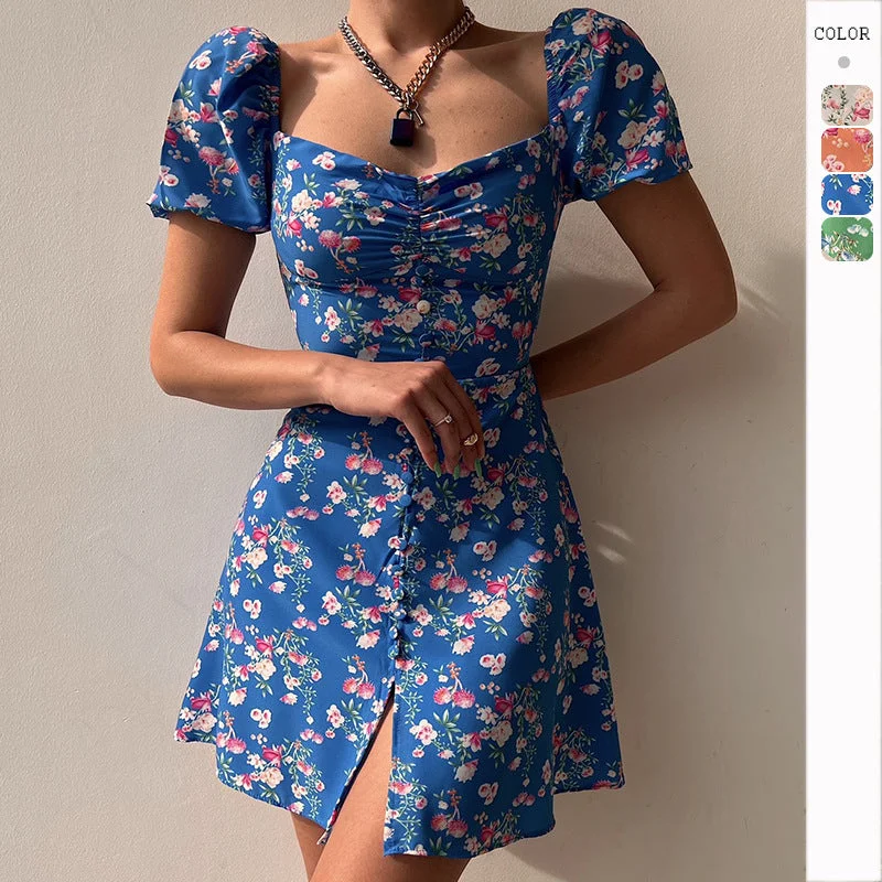 Markdowns Summer Fashion Bubble Sleeve Floral V-neck Dress