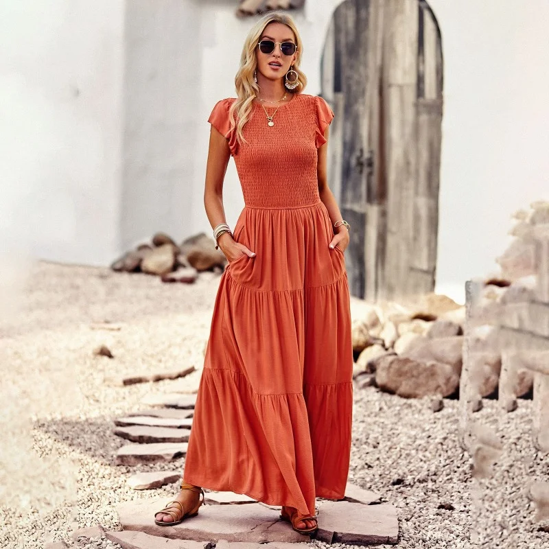 Take Advantage Summer Solid Round Neck Over-the-Knee Style Dress