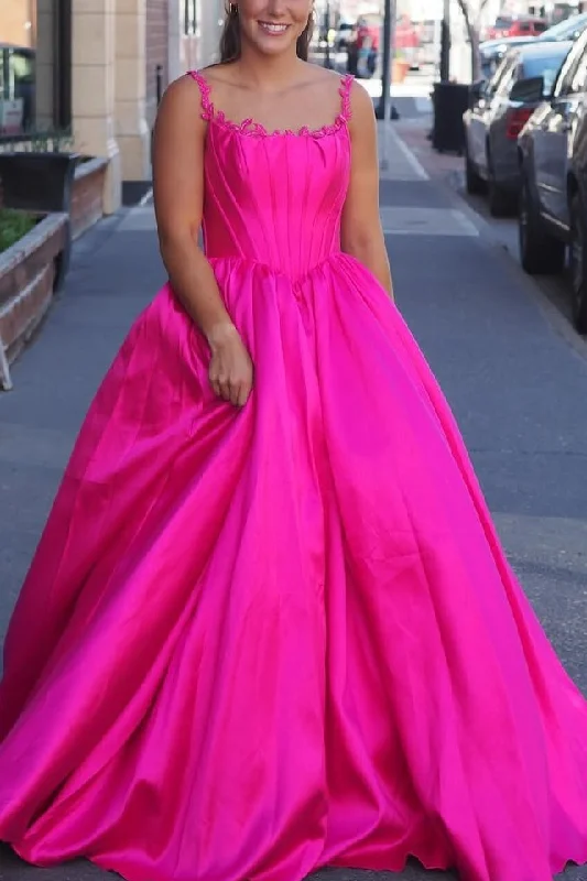 Stock Clearance Hot Pink A-Line Straps Square Neck Satin Pleated Long Prom Dress