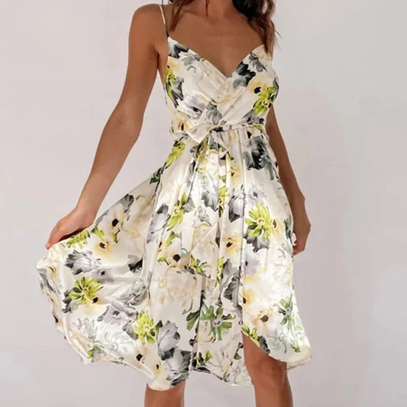 Quick Sale New Printed Sexy Vacation Spaghetti Strap Crossed Dress