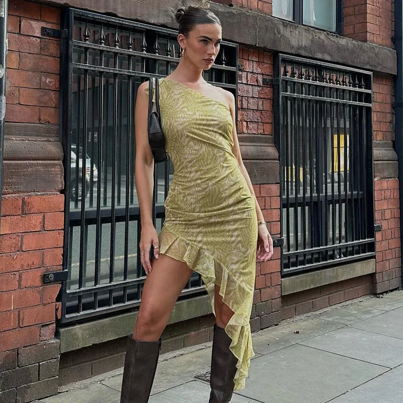 Markdown Madness Irregular Hemline Printed Off-Shoulder and Ruffled Edges Short Autumn Dress