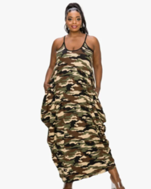 Super Bargain Camo Spaghetti Strap Harem Dress | Gray/Ivory Camo
