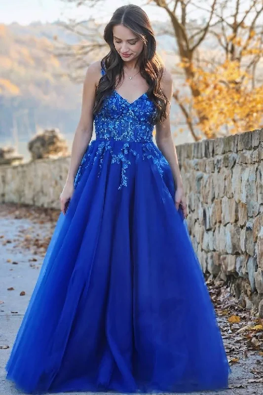 Buy More, Save More Royal Blue Straps A-Line V-Neck Appliques Sleeveless Long Prom Dress Buy More, Save More Royal Blue Straps A-Line V-Neck Appliques Sleeveless Long Prom Dress
