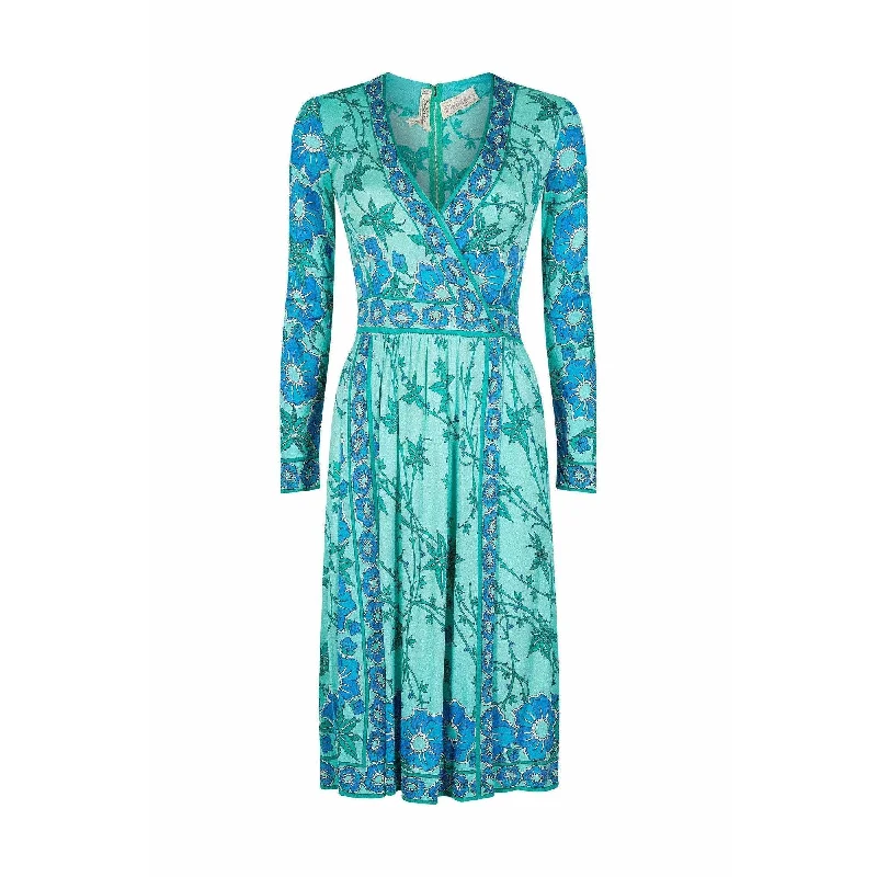 Limited Time Offer 1970s Emilio Pucci Turquoise Printed Silk Jersey Dress With Cross Over Bodice