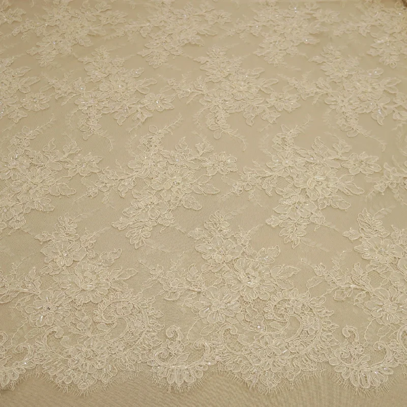 Super Bargain Ivory Floral Embroidered Beaded Double Scalloped Lace