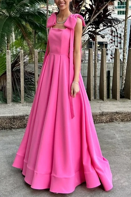 Deal Explosion Pink Straps A-Line Satin Pleated Sleeveless Bows Long Prom Dress