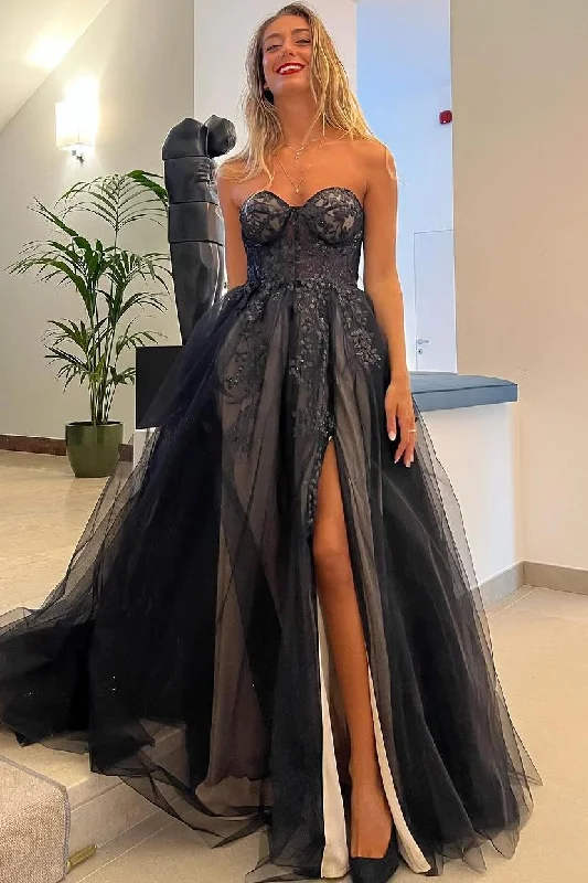 Act Now Black A-Line Strapless Sweetheart Appliques Prom Dress with Slit