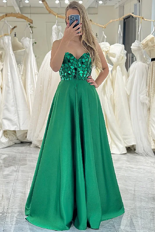 Members Only Green Strapless A-Line Sweetheart Mirror-Cut Sequins Long Prom Dress