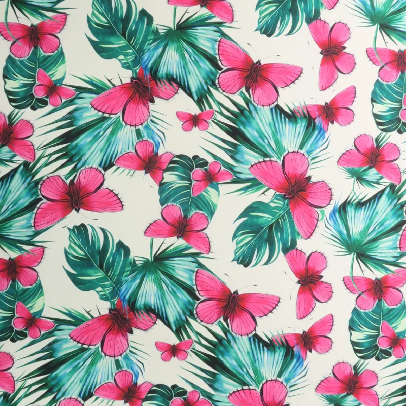 Value Deals Pink Butterflies on White Background Printed Polyester Mikado Fabric