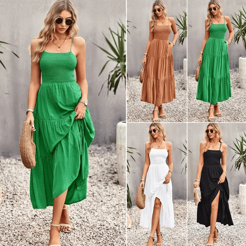 Last Chance Elegant Strap Dress for Women Pure Color Long Dress