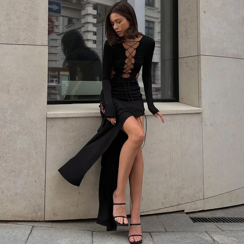 Sale Event Sultry Hollow-Out Lace-Up Bodycon High Slit Long Sleeves Dress