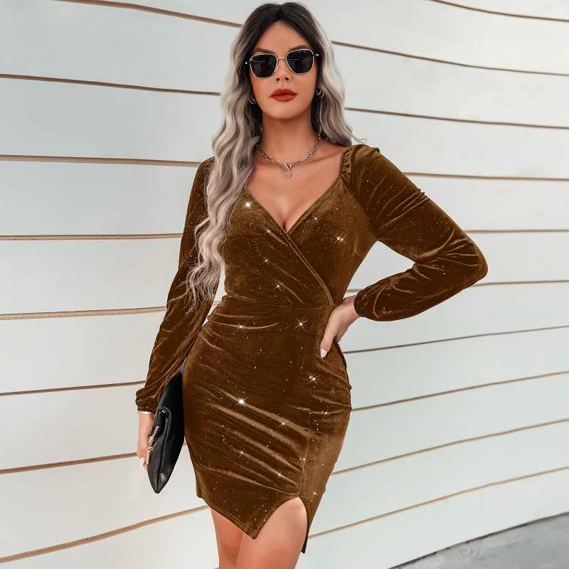 Stock Clearance V-neck Velvet Bodycon Dress