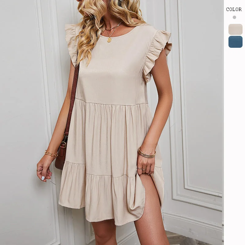 Amazing Deals New Solid Color Round Neck Ruffle Sleeve Spring/Summer Dress