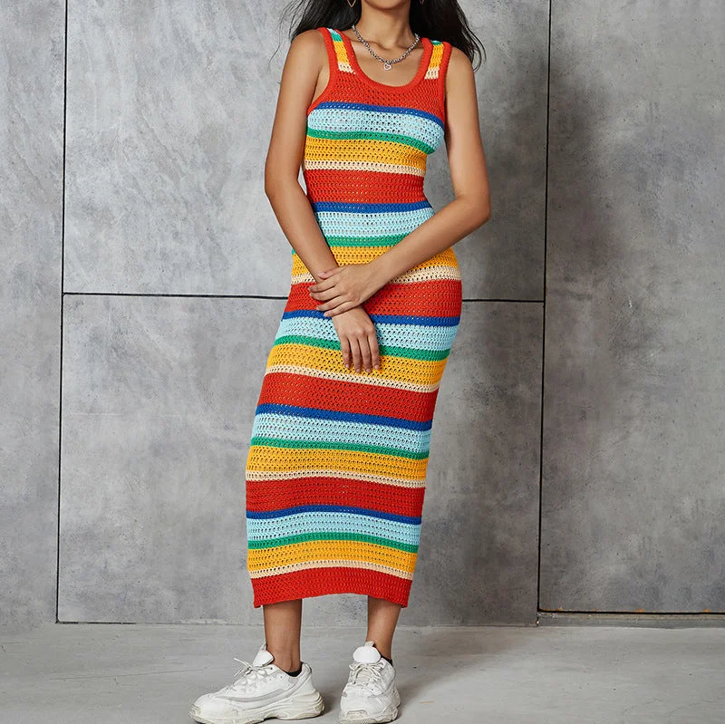 Daily Deals Knitted Color Block Slim Fit Sleeveless Maxi Dress