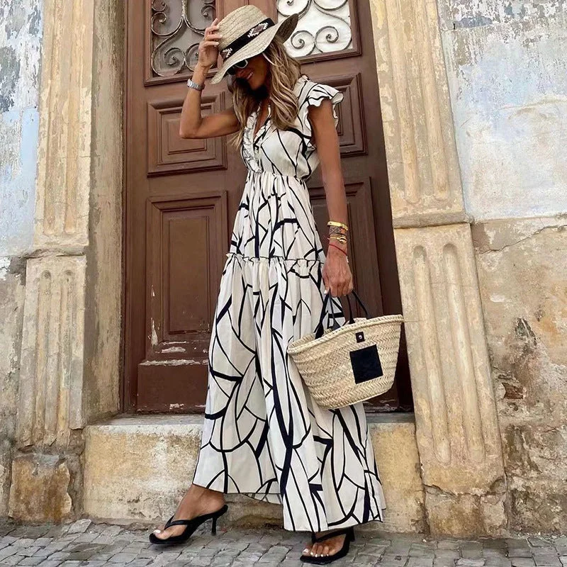 Stock Up and Save Geometric Printed Lotus Leaf Hem Maxi Dress