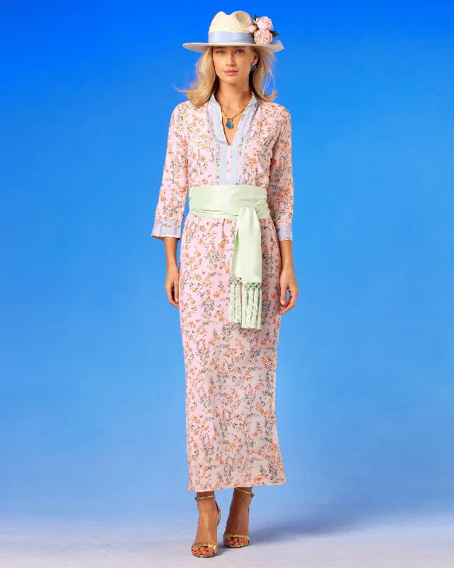 Price Smash Capri Long Tunic Dress in Delicate Blue Blossoms on Blush Pink