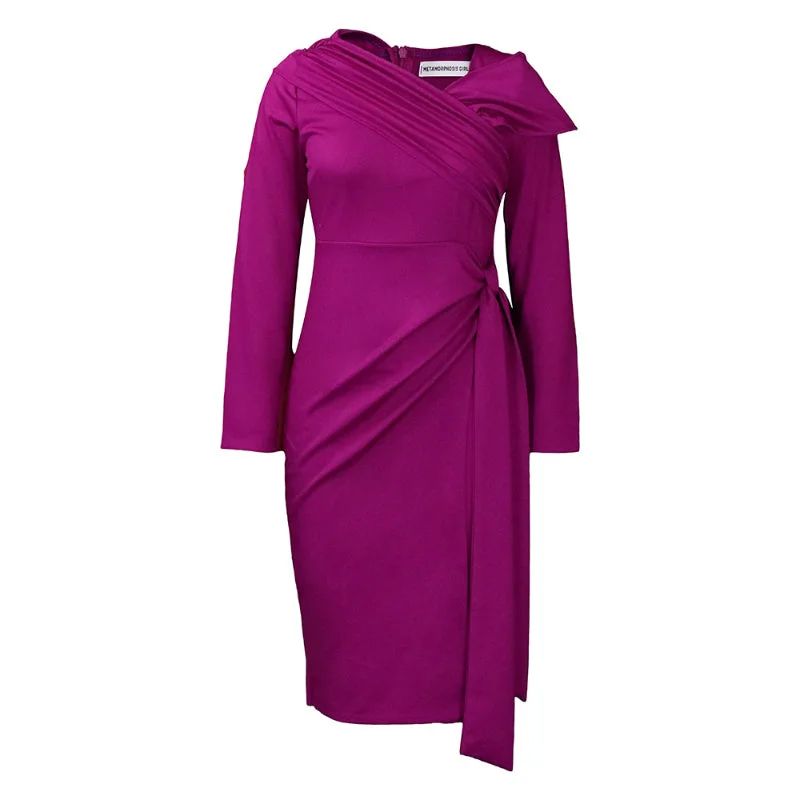 Bargain Prices Solid Color Long Sleeve Off-Shoulder Pleated Pencil Dress