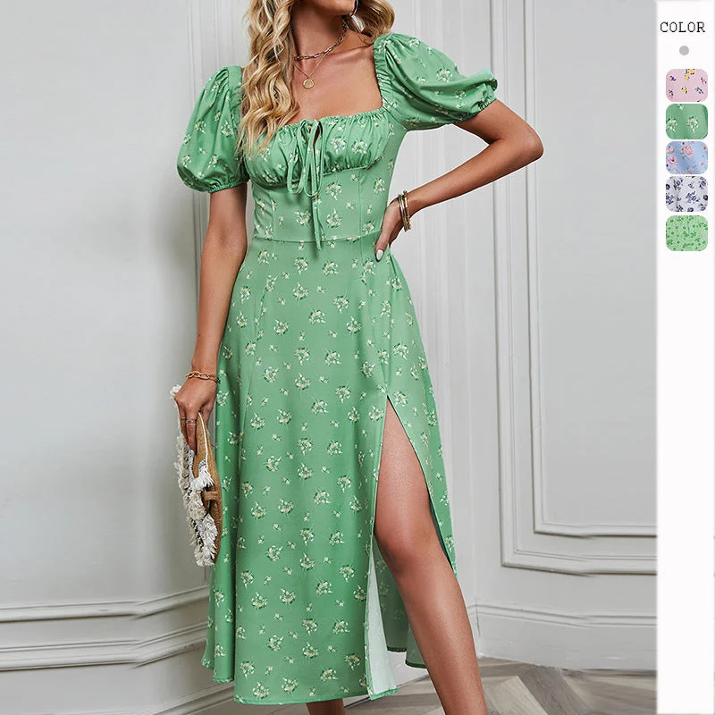 Huge Discounts Fashionable Women's Bubble Sleeve Tie Strap Bandeau Slit Floral Maxi Dress