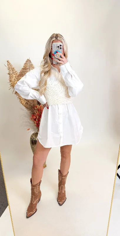 Deep Discounts White Button Down Dress With Cream Knit Tank Overlay