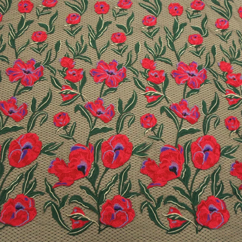 Friends and Family Sale Black Tulle with Fuchsia/Red Floral Embroidery Fabric