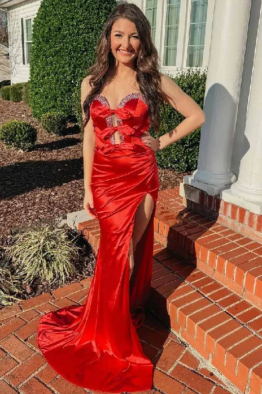 Great Bargains Red Strapless V-Neck Bow Mermaid Pleated Long Prom Dress with Slit