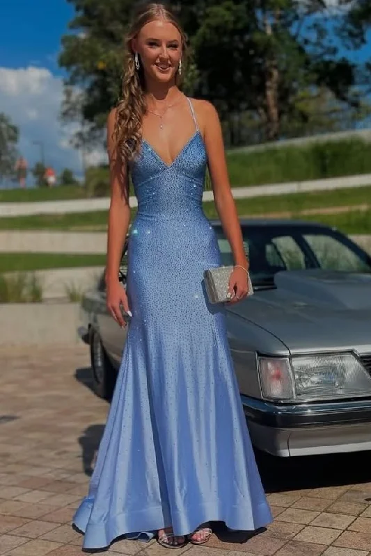 Early Access Spaghetti Straps V-Neck Rhinestone Mermaid Long Formal Prom Dress