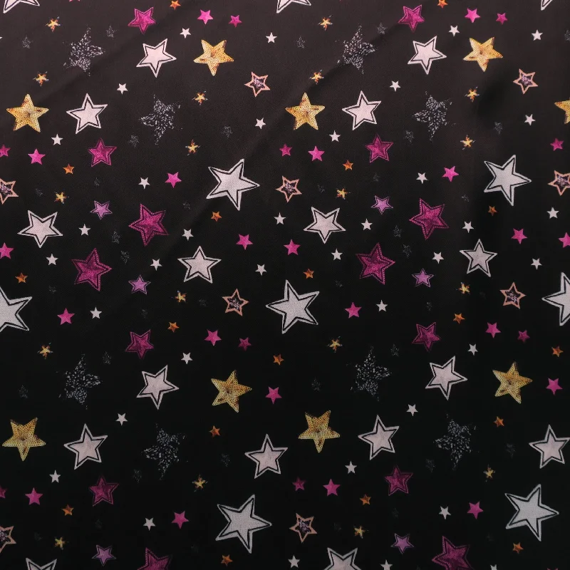 Price Rollback Multicolored Small Stars on Black Printed Polyester Mikado Fabric