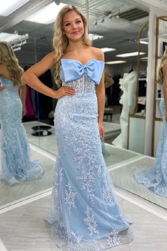 Weekend Flash Sale Stunning Blue Strapless Lace Appliques Mermaid Prom Dress with Bow