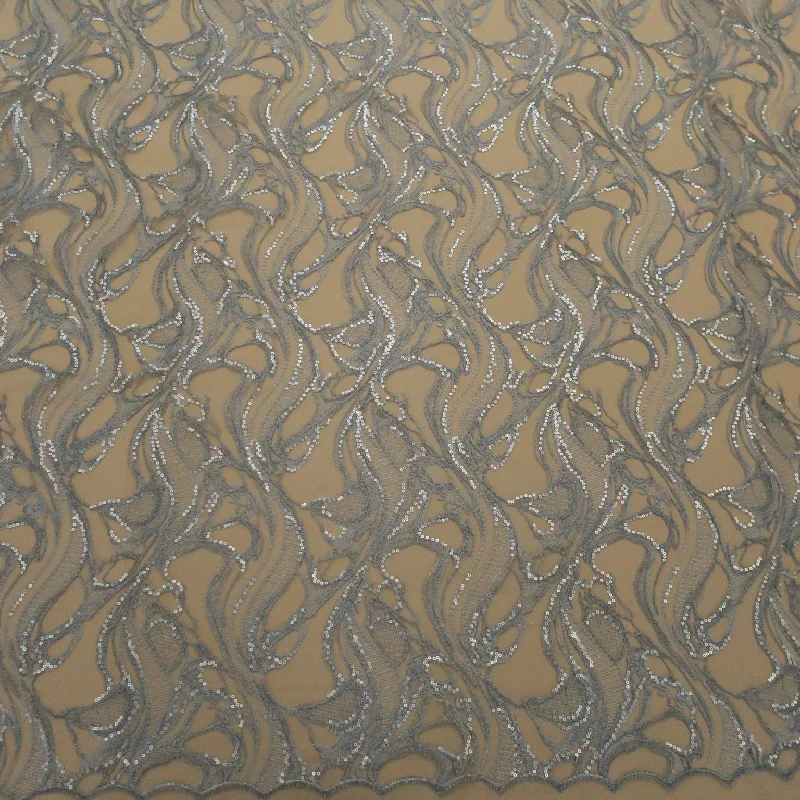Value Deals Gray Abstract with Sequins Embroidered Tulle Fabric