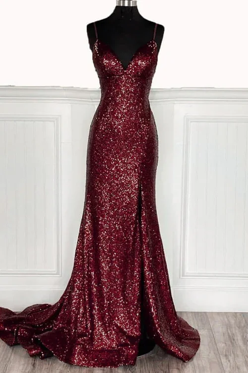 Midnight Sale Burgundy Mermaid Sequined V-Neck Sleeveless Long Prom Dress with Slit