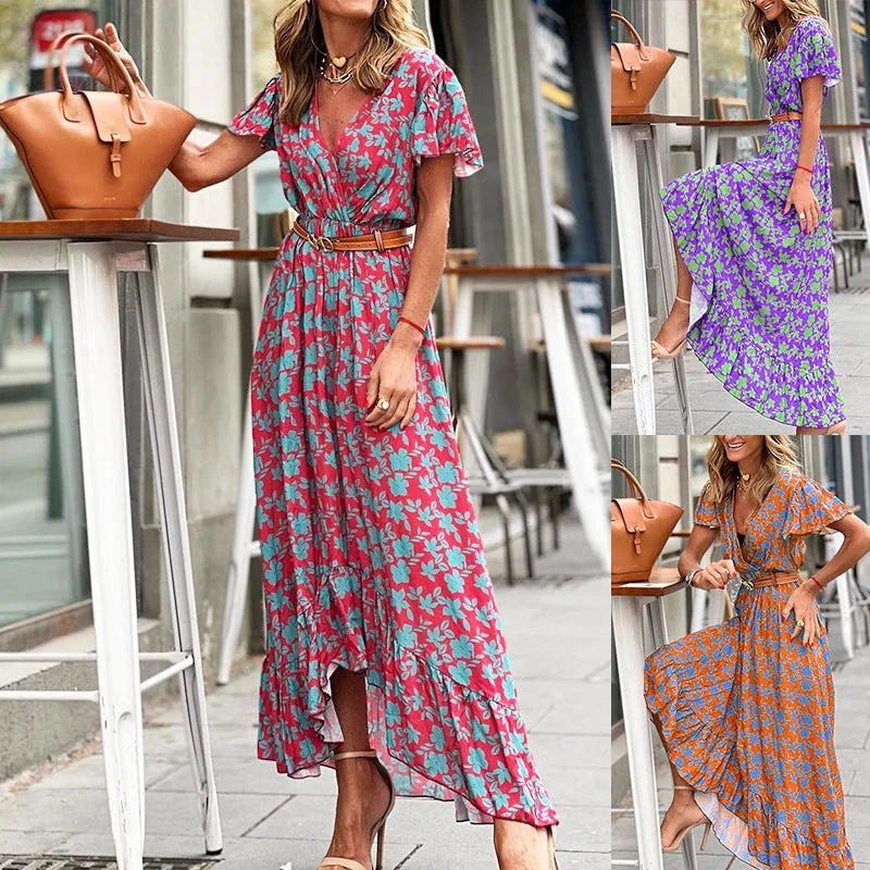 Major Savings Autumn Fashion Floral V-Neck Casual Irregular Dress