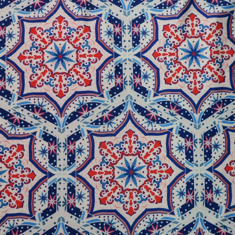 Low Prices Blue and Red Mosaic on White Printed Polyester Mikado Fabric