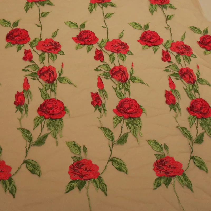 Deal Frenzy Nude Tulle with Red Flowers Embroidered Fabric
